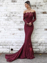 Off Shoulder Mermaid Lace Long Sleeves Prom Dresses - RongMoon