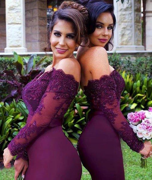 Long Sleeves Mermaid Burgundy Lace Bridesmaid Dresses, Burgundy Prom Dresses, Long Sleeves Bridesmaid Dresses - RongMoon