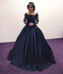 Navy Blue Satin Wedding Dresses Ball Gowns Lace Long Sleeves