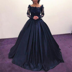 Navy Blue Satin Wedding Dresses Ball Gowns Lace Long Sleeves