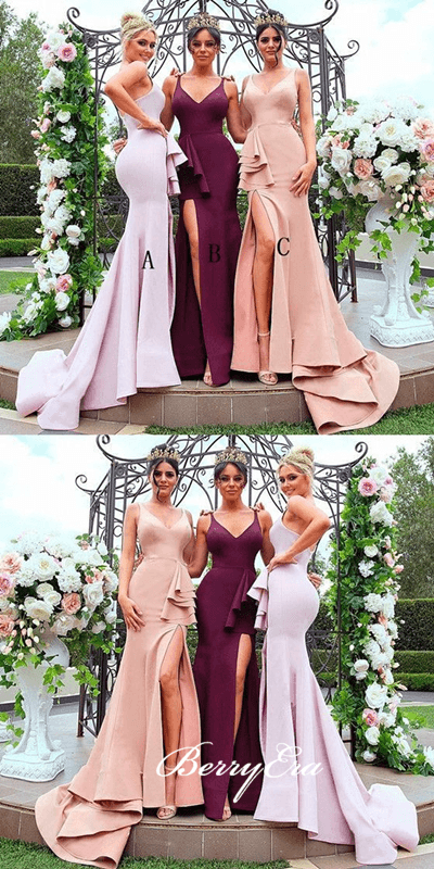 Simple Jersey Long Mermaid Side Slit Bridesmaid Dresses - RongMoon