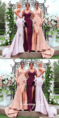 Simple Jersey Long Mermaid Side Slit Bridesmaid Dresses - RongMoon