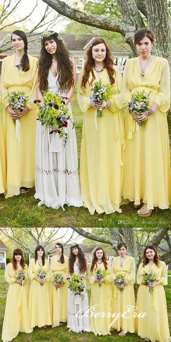 Long Sleeves A-ine Yellow Chiffon Boho Wedding Bridesmaid Dresses - RongMoon