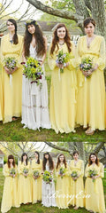 Long Sleeves A-ine Yellow Chiffon Boho Wedding Bridesmaid Dresses - RongMoon