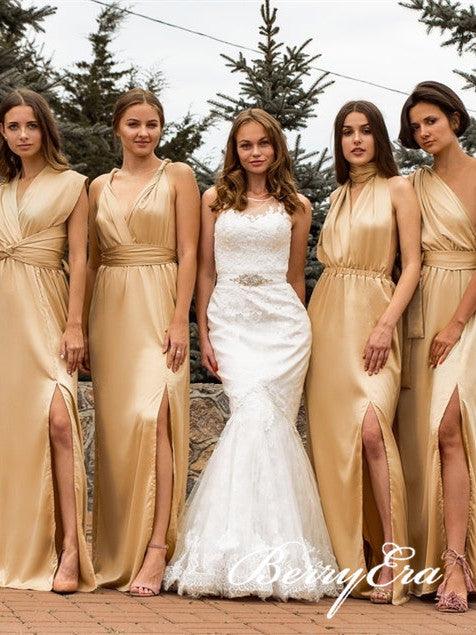 Convertible Long Sheath Gold Elastic Satin Bridesmaid Dresses, Long Bridesmaid Dresses, Bridesmaid Dresses - RongMoon