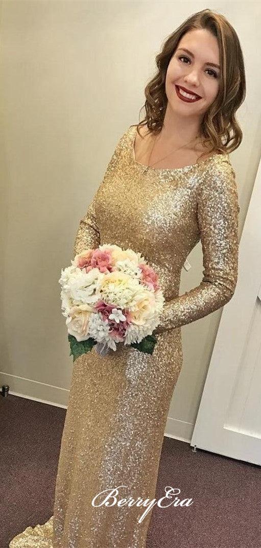 Long Sleeves Scoop Sheath Gold Sequin Bridesmaid Dresses - RongMoon
