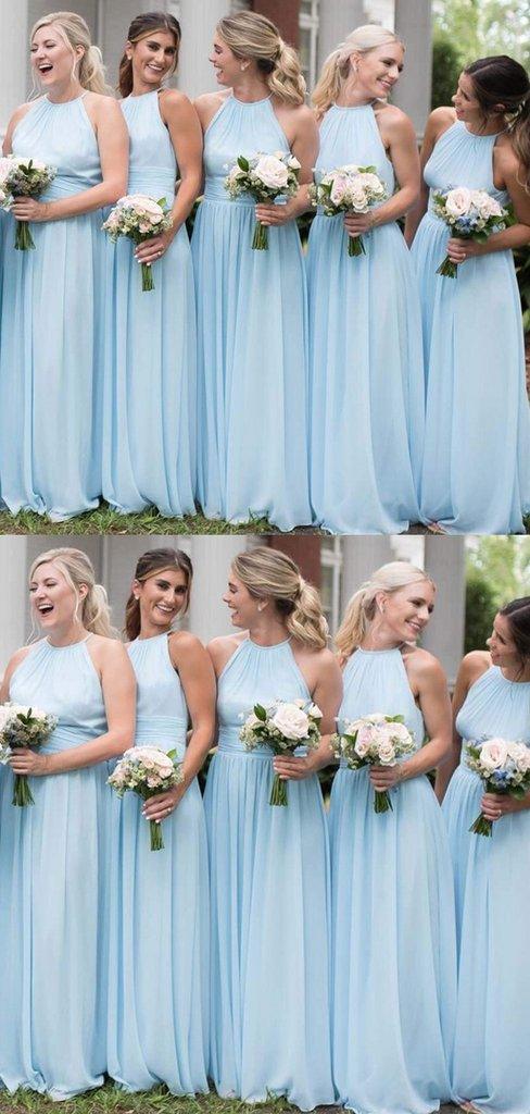 Light Blue Long A-line Chiffon Bridesmaid Dresses - RongMoon