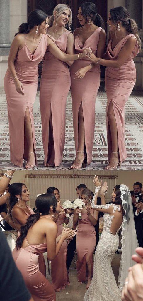 Dusty Rose Long Mermaid Front Slit Bridesmaid Dresses - RongMoon