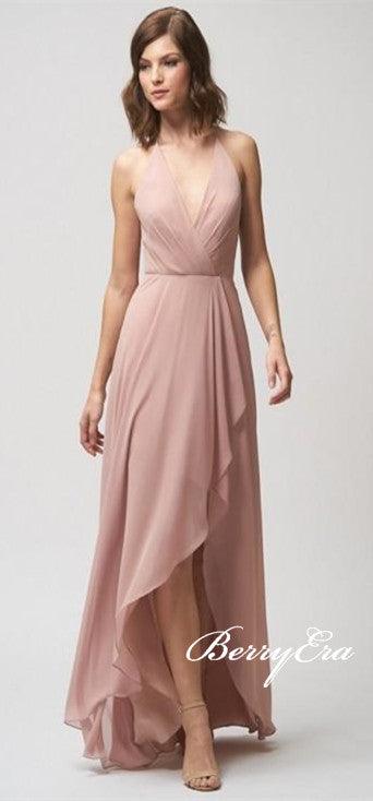 V-neck Hi-low Blush Pink Chiffon Bridesmaid Dresses, Long Bridesmaid Dresses, Bridesmaid Dresses - RongMoon