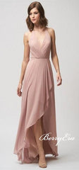 V-neck Hi-low Blush Pink Chiffon Bridesmaid Dresses, Long Bridesmaid Dresses, Bridesmaid Dresses - RongMoon