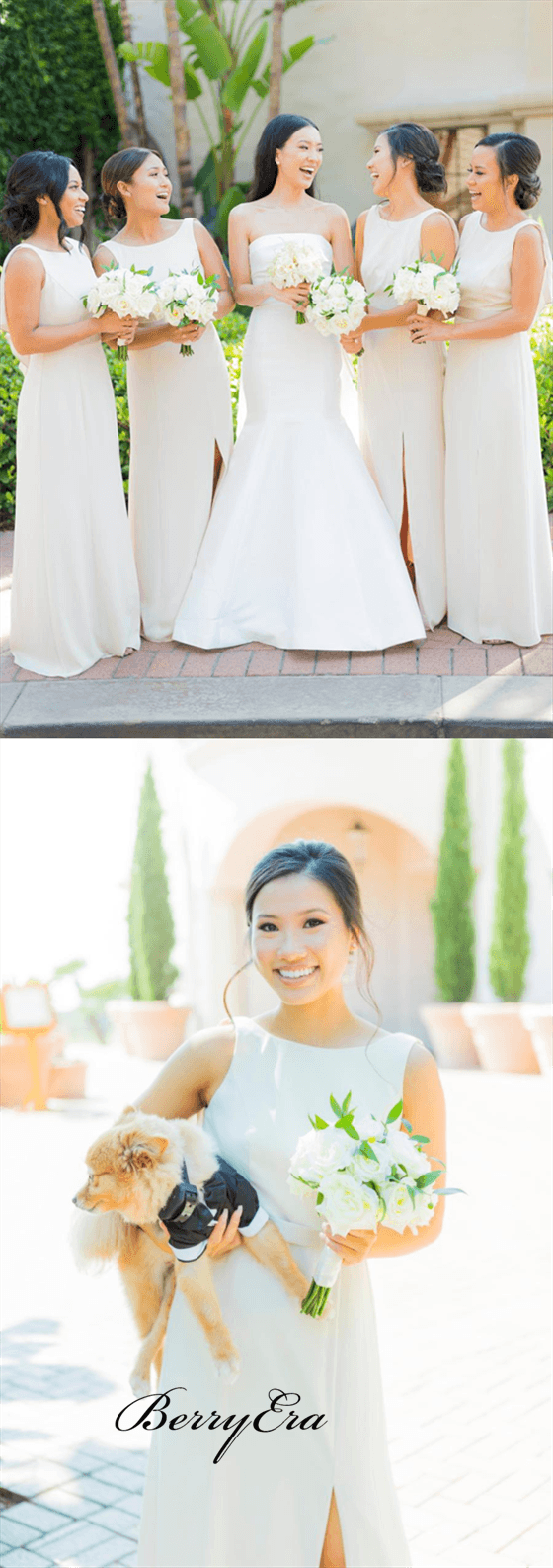 Side Slit Sheath Ivory Long Bridesmaid Dresses, V-back Bridesmaid Dresses - RongMoon