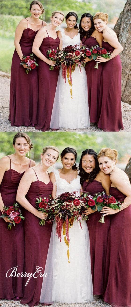 Spaghetti Chiffon Maroon Sheath Long Bridesmaid Dresses - RongMoon