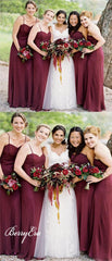 Spaghetti Chiffon Maroon Sheath Long Bridesmaid Dresses - RongMoon