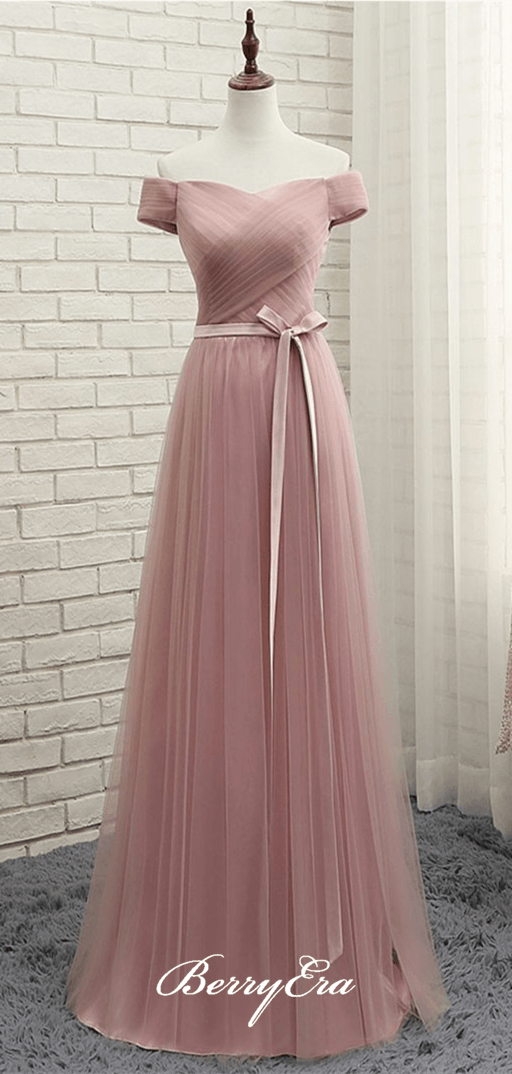 Off Shuolder Long A-line Dusty Pink Tulle Bridesmaid Dresses - RongMoon