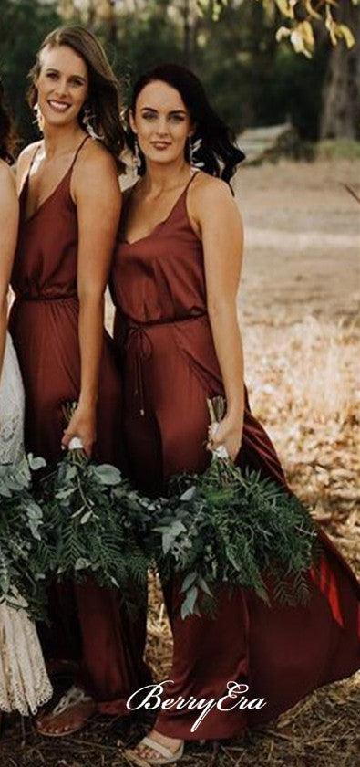 Spaghetti Simple A-line Elastic Satin Long Bridesmaid Dresses - RongMoon
