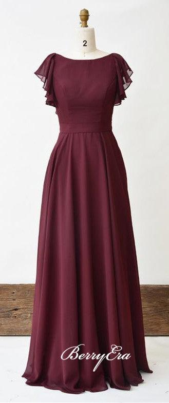 Lovely Cap Sleeve Maroon Chiffon A-line Long Bridesmaid Dresses - RongMoon