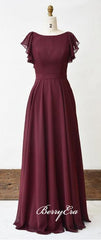 Lovely Cap Sleeve Maroon Chiffon A-line Long Bridesmaid Dresses - RongMoon