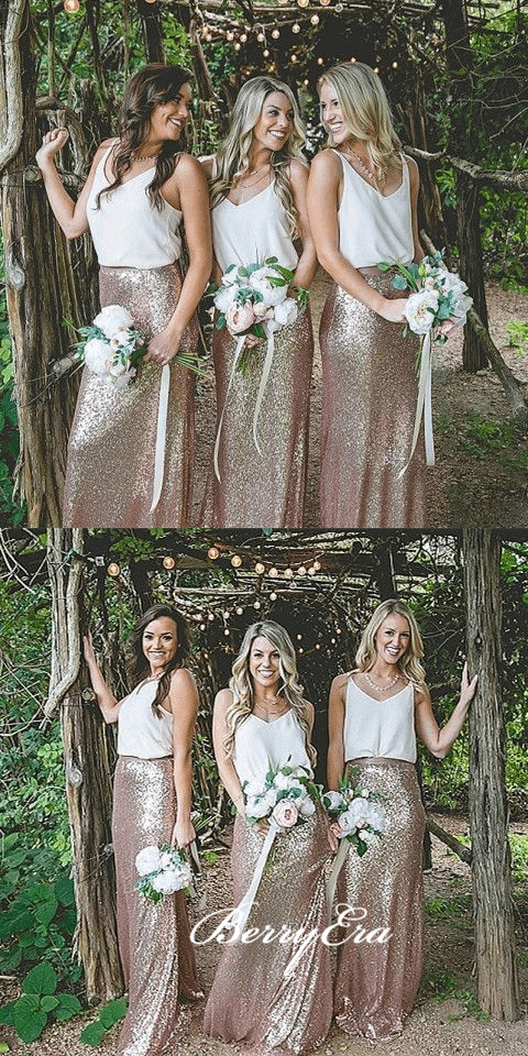 Simple V-neck Boho Style Long Sequin Bridesmaid Dresses - RongMoon