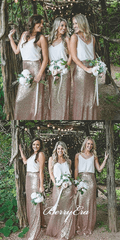 Simple V-neck Boho Style Long Sequin Bridesmaid Dresses - RongMoon