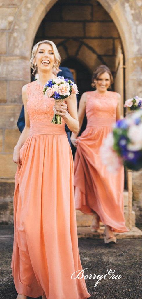 Sleeveless Orange Lace Chiffon A-line Long Bridesmaid Dresses - RongMoon