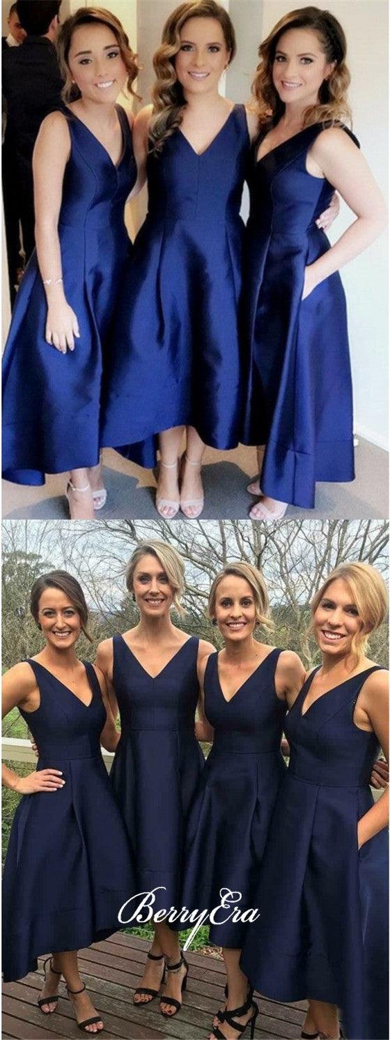 V-neck A-line Navy Satin Bridesmaid Dresses, Wedding Guest Dresses - RongMoon