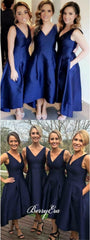 V-neck A-line Navy Satin Bridesmaid Dresses, Wedding Guest Dresses - RongMoon