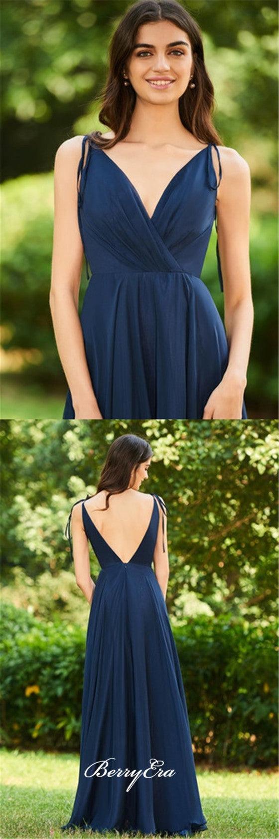 V-neck Navy Chiffon A-line Bridesmaid Dresses, Simple Bridesmaid Dresses - RongMoon