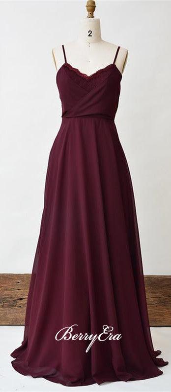Spaghetti Maroon Long A-line Chiffon Lace Bridesmaid Dresses - RongMoon