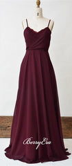 Spaghetti Maroon Long A-line Chiffon Lace Bridesmaid Dresses - RongMoon