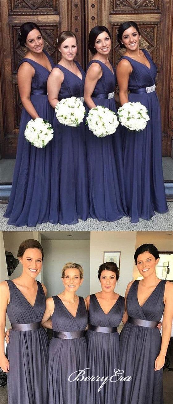 V-neck A-line Navy Long Bridesmaid Dresses - RongMoon