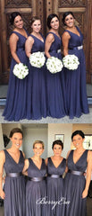 V-neck A-line Navy Long Bridesmaid Dresses - RongMoon