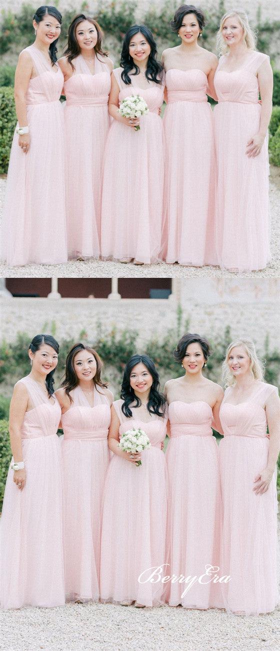 Pink Convertible Long A-line Tulle Bridesmaid Dresses - RongMoon
