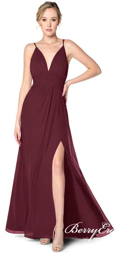 Burgundy Long A-line Chiffon Bridesmaid Dresses - RongMoon