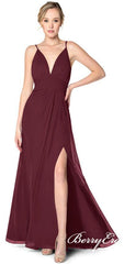 Burgundy Long A-line Chiffon Bridesmaid Dresses - RongMoon