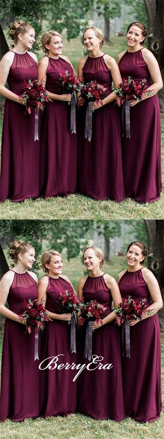 Halter Burgundy Chiffon Long A-line Bridesmaid Dresses - RongMoon