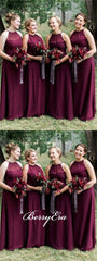 Halter Burgundy Chiffon Long A-line Bridesmaid Dresses - RongMoon