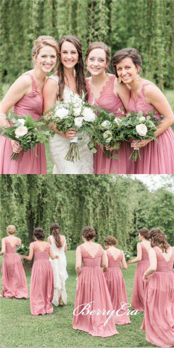 V-neck Dusty Rose Lace Chiffon A-line Bridesmaid Dresses - RongMoon