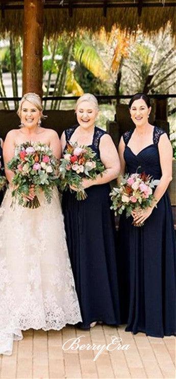 Elegant Lace Chiffon Navy Long Bridesmaid Dresses - RongMoon