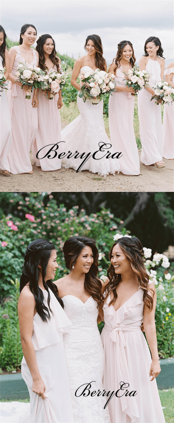 Mismatched Light Blush Pink Chiffon Long Bridesmaid Dresses - RongMoon