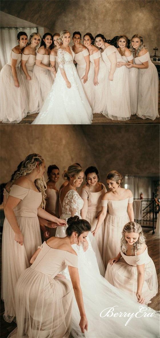 Off Shoulder Long A-line Tulle Bridesmaid Dresses - RongMoon