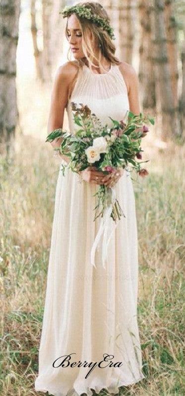 Illusion Ivory Chiffon Long A-line Bridesmaid Dresses - RongMoon