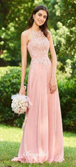 Pink Lace Top Chiffon Long Bridesmaid Dresses, Lovely Bridesmaid Dresses - RongMoon