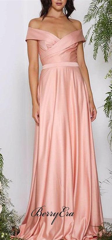 Off Shoulder Peach Elastic Satin Long Bridesmaid Dresses - RongMoon