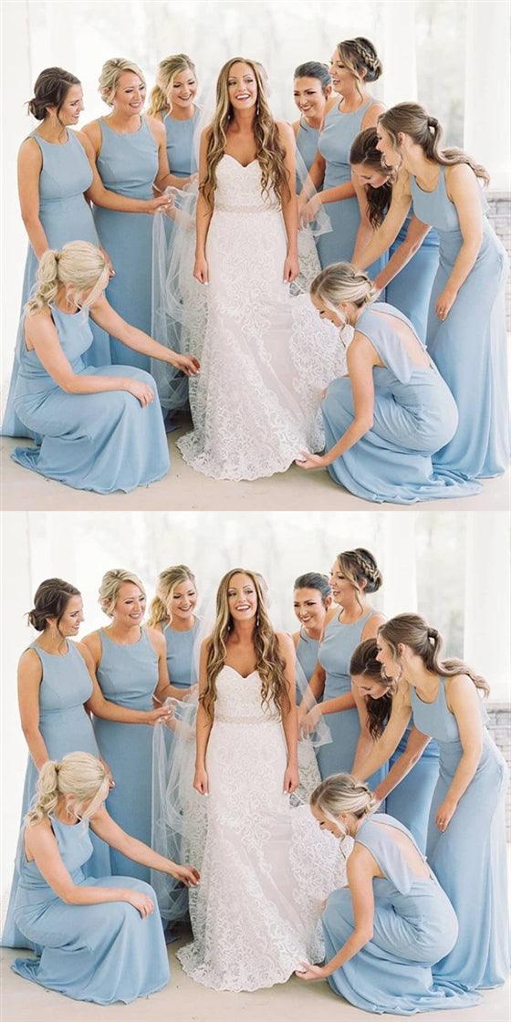 Blue Round Neck Long Mermaid Bridesmaid Dresses, Chiffon Bridesmaid Dresses, Long Bridesmaid Dresses - RongMoon