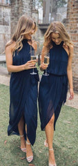 Halter Navy Chiffon Bridesmaid Dresses, Front Slit Bridesmaid Dresses, Popular 2020 Bridesmaid Dresses - RongMoon