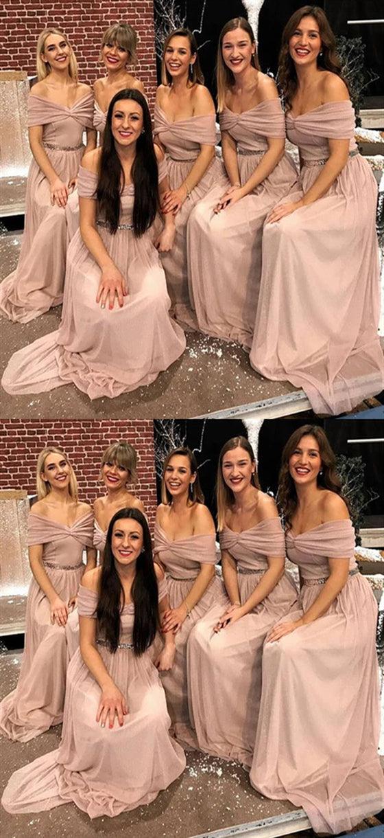 Off Shoulder Nude Chiffon Bridesmaid Dresses, Long Bridesmaid Dresses, Affordable Bridesmaid Dresses - RongMoon