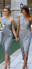One Shoulder Long Mermaid Jersey Bridesmaid Dresses, Grey Long Bridesmaid Dresses, Long Bridesmaid Dresses - RongMoon