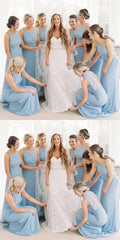 Blue Round Neck Long Mermaid Bridesmaid Dresses, Chiffon Bridesmaid Dresses, Long Bridesmaid Dresses - RongMoon