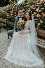 A Line Long Sleeves Lace Boho Wedding Dress