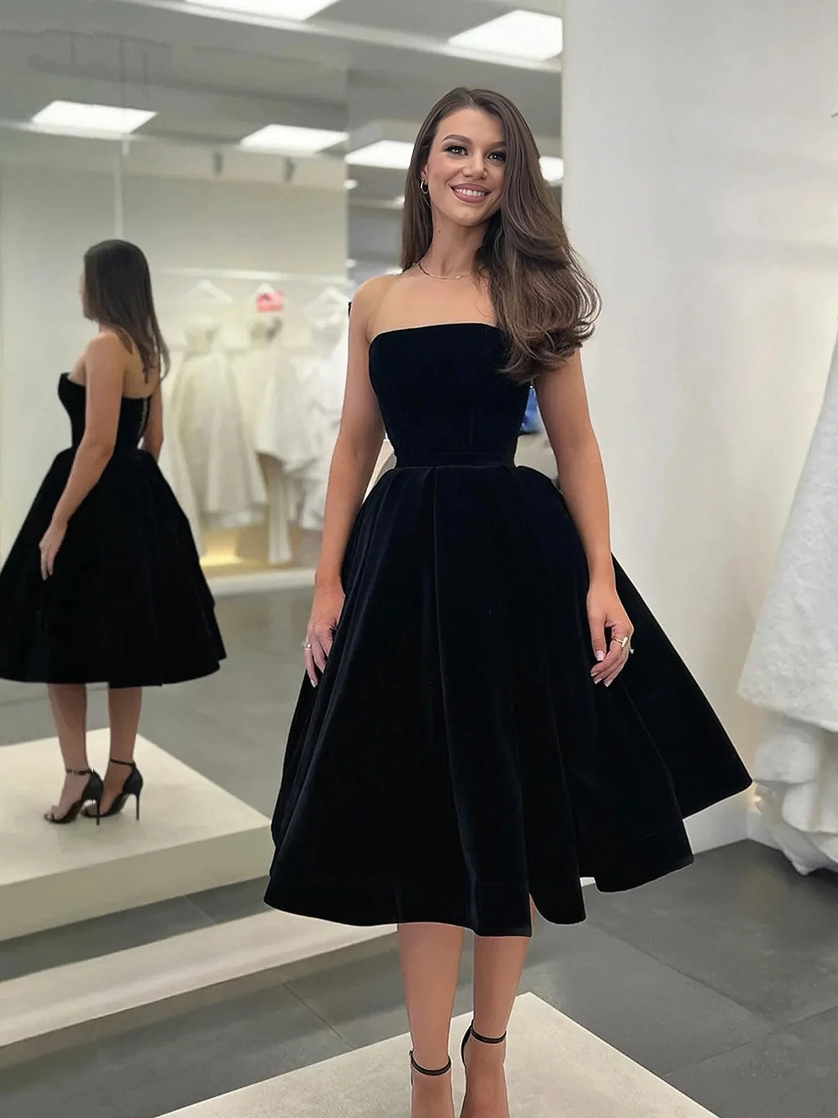 Knee Length Simple Velvet Strapless Prom Dress